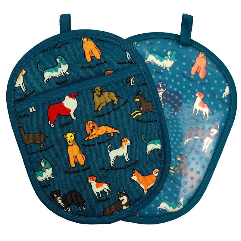 RED LMLDETA Pot Holders Set of 2 with Transparent Clear Silicone Shell and Nice Dog Flower Cotton Lining, Heat Resistant to 500 F Kitchen Oven Gloves Pot Holder for Cooking (Blue Dog, Potholders) - Image 1